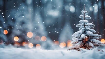 Frosty winter landscape in snowy forest. background with fir trees and blurred background of winter.