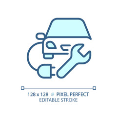 Sticker - 2D pixel perfect editable blue electric car charging icon, isolated vector, thin line illustration representing car service and repair.