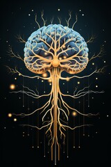 Wall Mural - The image features an illustration where a stylized human brain seamlessly merges with circuitry, symbolizing the harmonious synergy between artificial intelligence and human intelligence.