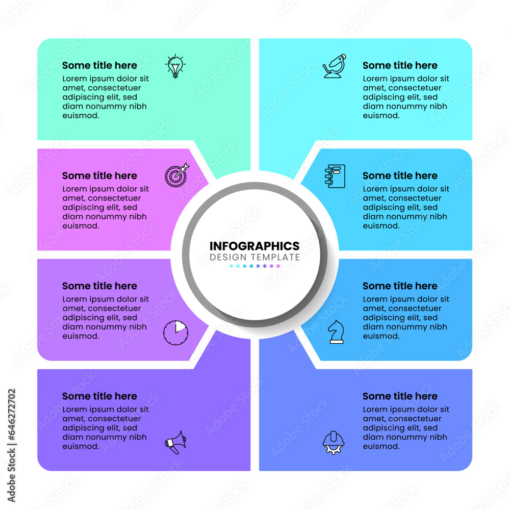 Infographic template. A rectangle with 8 parts and a circle in the ...