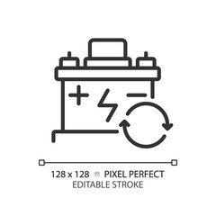 Sticker - 2D pixel perfect editable black car battery icon, isolated vector, thin line simple illustration representing car service and repair.