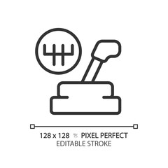 Sticker - 2D pixel perfect editable black car gear lever icon, isolated vector, thin line simple illustration representing car service and repair.