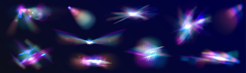 A set of colourful vector lens and light flare transparent effects.  Transparent light refraction pattern for adding effects to backgrounds and objects. Vector illustration.