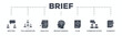 Brief banner web icon glyph silhouette for a briefing of business plan with an icon of meeting, collaboration, analysis, brainstorming, plan, communication, and summary