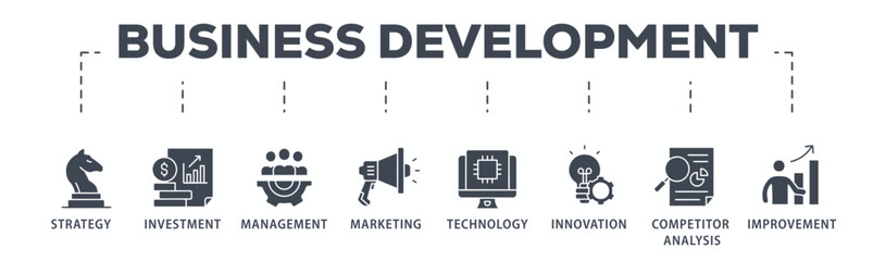 Business development banner web icon glyph silhouette with icon of strategy, investment, management, marketing, technology, innovation, competitor analysis, improvement