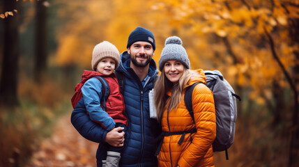 Happy family hiking in autumn forest 