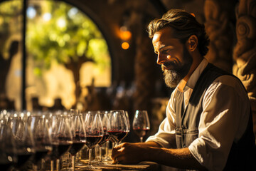 Arresting visual of contemplative winemaker tasting red wine amidst vineyard, standing by oak barrels - a testament to tradition and skill.