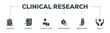 Clinical research banner web icon glyph silhouette with icon of analysis, evidence, clinical study, effectiveness, medications and health