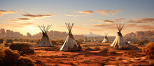 View Of An Indian Native American Village With Teepee