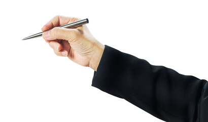 BusinessWoman hand holding Pen up in the air on white background, woman hand holding pen signing on the air isolate on white with clipping path.