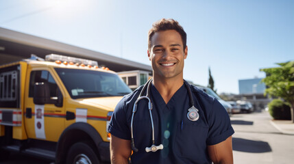 Portrait of male EMS Paramedic Proudly Standing in Front of Camera in High Visibility Medical Uniform. Successful Emergency Medical Technician or Doctor at Work.