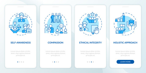 Sticker - 2D icons representing mindful entrepreneurship mobile app screen set. Walkthrough 4 steps blue graphic instructions with line icons concept, UI, UX, GUI template.