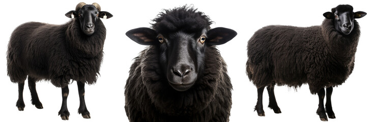 Black sheep collection (portrait, standing), animal bundle isolated on a white background as transparent PNG