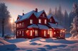  3D scene of a red wooden house in Sweden during the holiday season. Highlight a beautifully decorated exterior with colorful Christmas lights, wreaths, and a snow-covered garden.