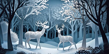 Paper Art Style, Paper Cut Deer In Winter Forest