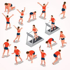 Poster - isometric set people running jogging treadmill taking part marathon isolated vector illustration