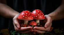 Fly agaric mushrooms close-up. Hands holding a handful of mushrooms. Generative AI