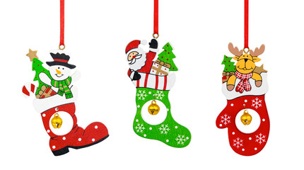 Wall Mural - Set of hanging bright wooden Christmas decorations isolated on transparent background