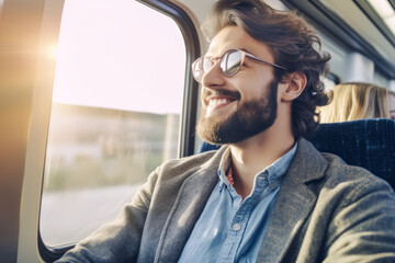 Handsome smiling businessman gets to work in comfortable train, looks out window and enjoys scenery. Concept of convenient public transport, car abandonment and travel