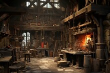 Old Blacksmith Workshop With Anvil And Diverse Tools. Generative AI