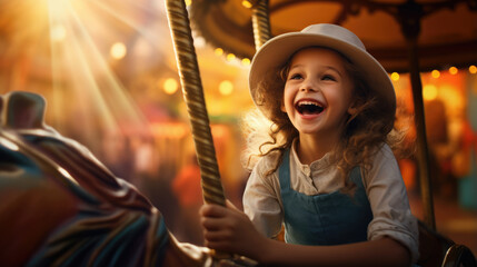 A happy young girl expressing excitement while on a colorful carousel, merry-go-round, having fun at an amusement park