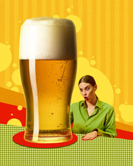 Emotional young woman looking at grain lager foamy beer glass. Bright design. Contemporary art collage. Concept of traditional festival, alcohol drink, oktoberfest, party and taste. Banner, poster, ad