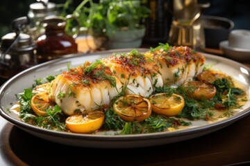 Fish dish - baked cod fillet with fried vegetables. served with lemon and herbs. on a wooden table.