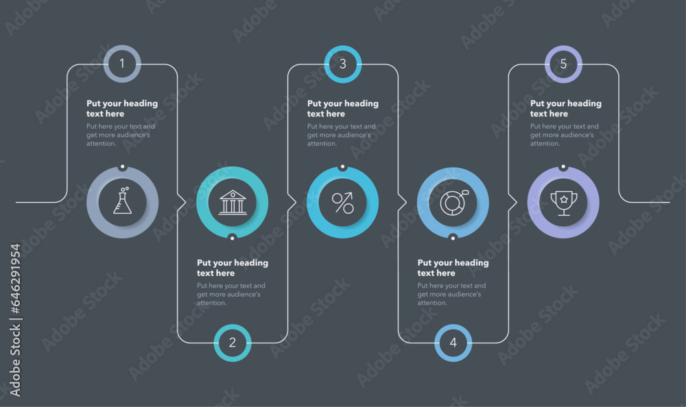 Horizontal circular process template with five steps - dark version ...