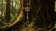 An ancient key hangs on a tree trunk in the_forest