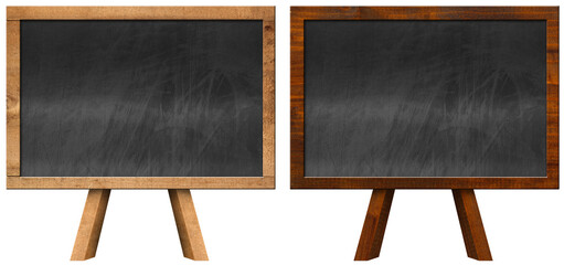 Two empty blackboards with wooden frame and easel isolated on white or transparent background, 3d illustration. Png.