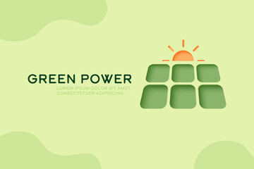 Aufkleber - Solar panel and Sun, 3D paper art style. Renewable energy and Sustainability concept.Banner template background. Vector illustration.