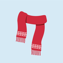 Red Scarf With White Patterns Flat Illustration Vector Isolated On Colored Background. Women And Girl Winter Clothes