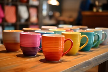 Wall Mural - Colorful coffee cups on the table in coffee shop