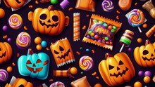 Colorful Candies In Bag On Halloween Background. 