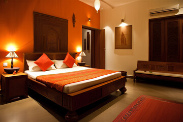 Indian style bedroom interior in modern luxury house.