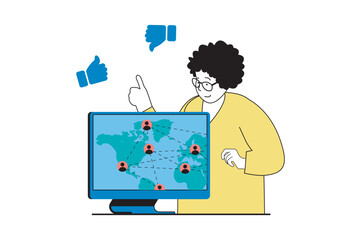 Aufkleber - Social media concept with people scene in flat web design. Woman communicating online and connecting with friends from around world. Vector illustration for social media banner, marketing material.
