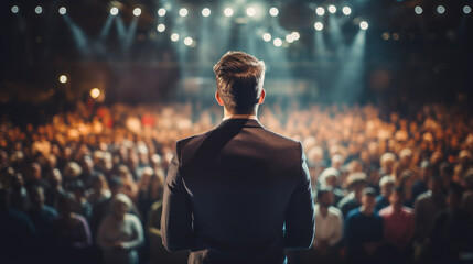 Back view of motivational speaker standing on stage in front of audience for motivation speech on conference or business event. 