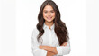 © Vahid - brunette business lady in white shirt smiling confident and cheerful with folded hands, isolated on white background.