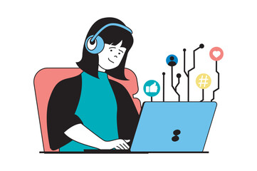 Aufkleber - Social media concept with people scene in flat web design. Woman making new post with hashtag, commenting and leaving heart reactions. Vector illustration for social media banner, marketing material.