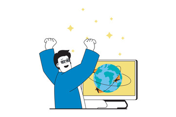 Aufkleber - Social media concept with people scene in flat web design. Man connecting with online friends and sending emails at around the worlds. Vector illustration for social media banner, marketing material.