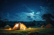 © RISHAD - Camping tents with lit up lanterns are set up in a field of green grass, positioned under the expansive starry night time sky.