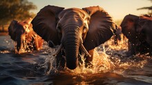 An Elephant Is Enjoying Bathing With His Herd