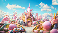 A castle made of pastel colored sweets in the clouds.
