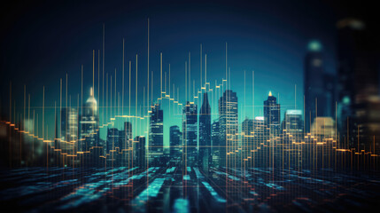 Perspective view of stock market growth, business investing and data concept with digital financial chart graphs, diagrams and indicators on dark blue blurry background.