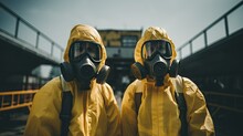 Two Persons In Protective Gas Mask And Yellow Suits In Seriously Infected Places