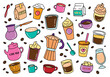 © DesignSells - Flat cartoon set of coffee. Many attributes of coffee art, such as coffee makers, cups, coffee beans, with colorful designs decorate this illustration. Vector illustration.
