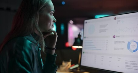 Aufkleber - Caucasian Female Smiling While Checking Data and Statistic Charts Using Desktop Computer. Portrait of a Happy Successful Businesswoman in Creative Agency in the Evening. Dolly Close Up