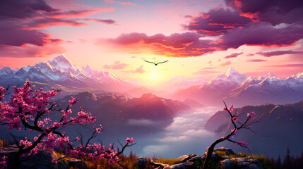 Wall Mural - Sunset Inspirational Landscape Bird Motivational Surreal Nature Uplifting Scenic Cherry Blossom Sunrise