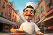Portrait d'un boulanger dans la rue avec des pains style cartoon caricature » IA générative