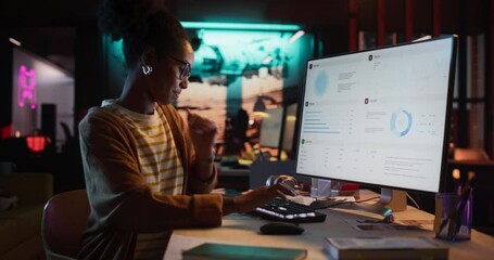 Poster - Portrait of a Beautiful Happy Female Using Desktop Computer, Analysing Data, Thinking and Solving Problems. Project Manager Working in Creative Agency, Reviewing Marketing Strategy